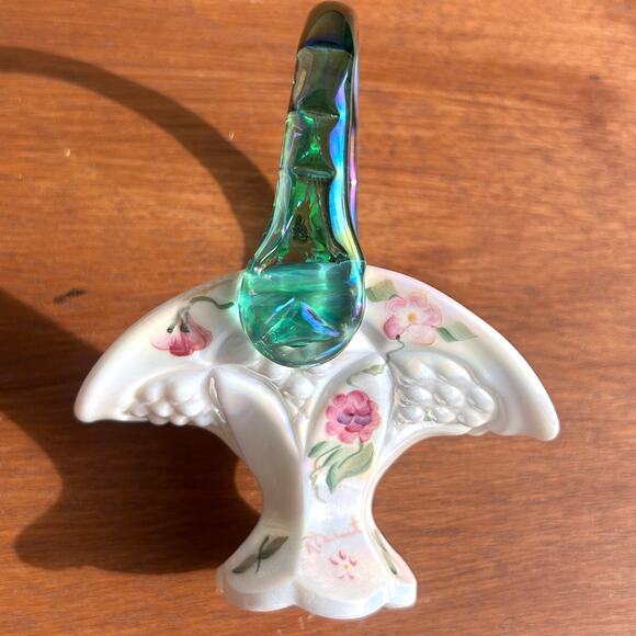 Fenton Mini Basket White 4.5" Iridescent Peacock Tail Floral Signed QVC 2001 - Picture 5 of 11